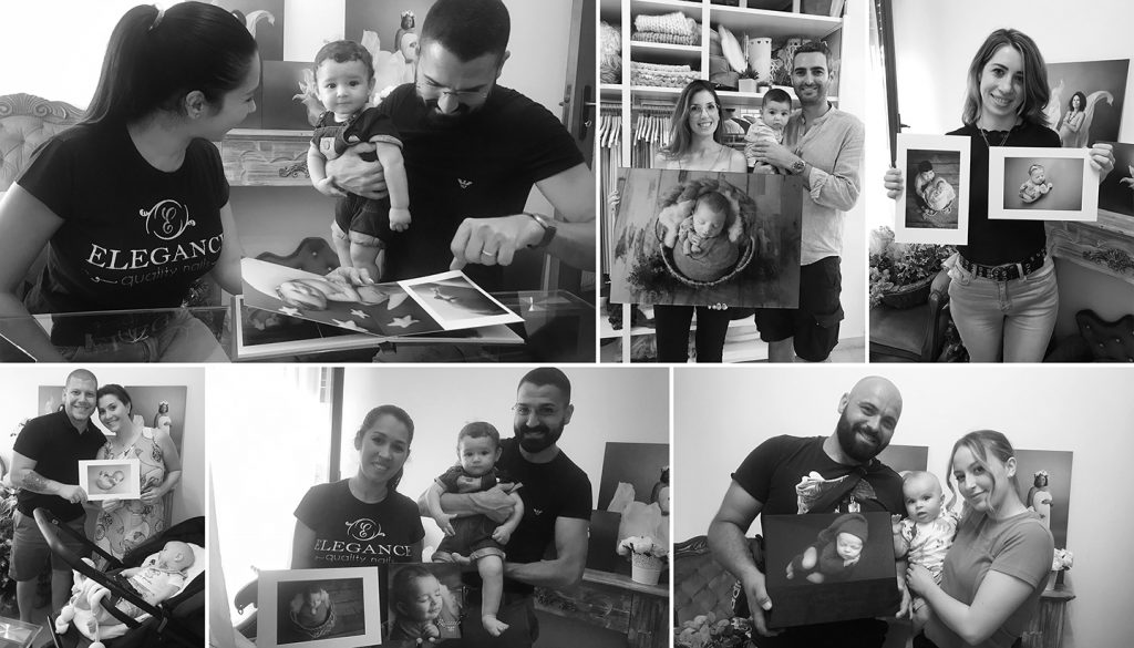 Un collage di foto in bianco e nero mostra varie coppie e famiglie che tengono in mano foto di neonati incorniciate, catturati da Tania Ayyad Photography.